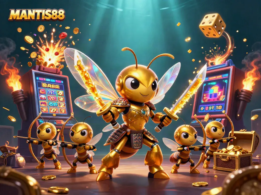 MANTIS88 delivers a vibrant, immersive casino experience with a dynamic illustration of a golden hornet samurai and energetic game elements.