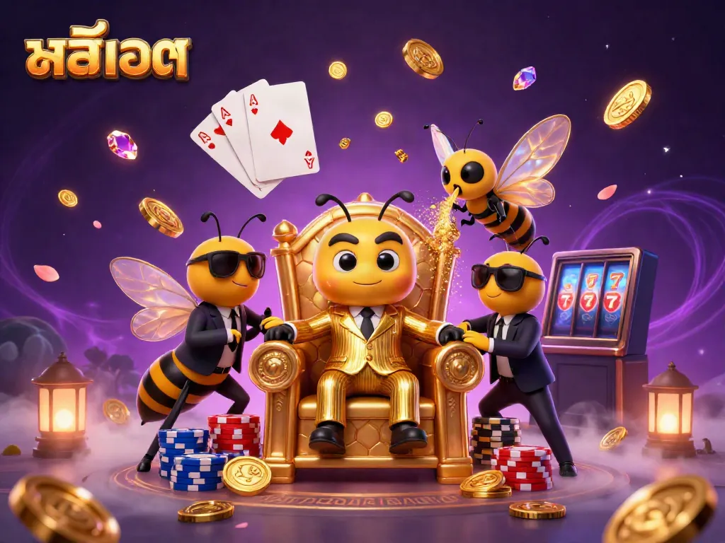 Engage in the vibrant world of สล็อต with a whimsical casino scene featuring a cartoon bee mob boss, dazzling coins, and slot machine reels.