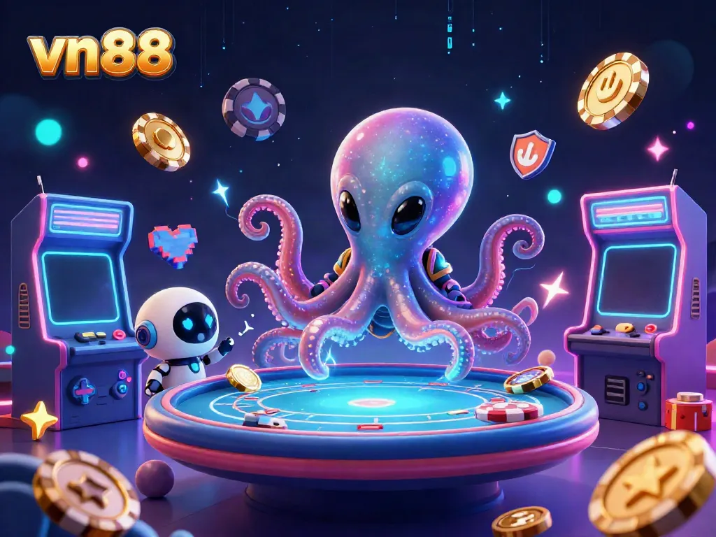 Engage in thrilling casino games with vn88 as a cartoon alien octopus and robot highlight excitement.