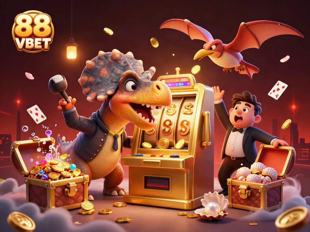 88 VBET cartoon illustration with a dinosaur and casino elements celebrating a jackpot win