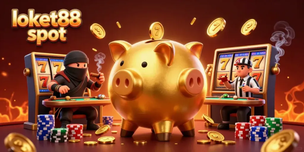 Experience the excitement of the loket88 slot with vibrant illustration featuring a golden piggy bank sumo wrestler, wallet ninja, and credit card samurai.