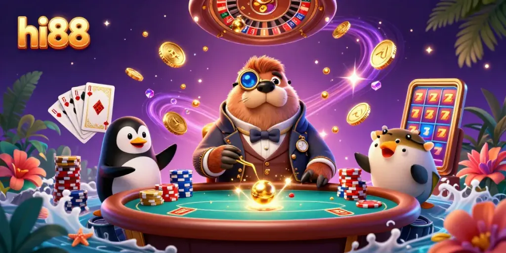 Engage with exciting hi88 underwater poker games featuring a walrus in a stylish suit, alongside a sophisticated dealer.
