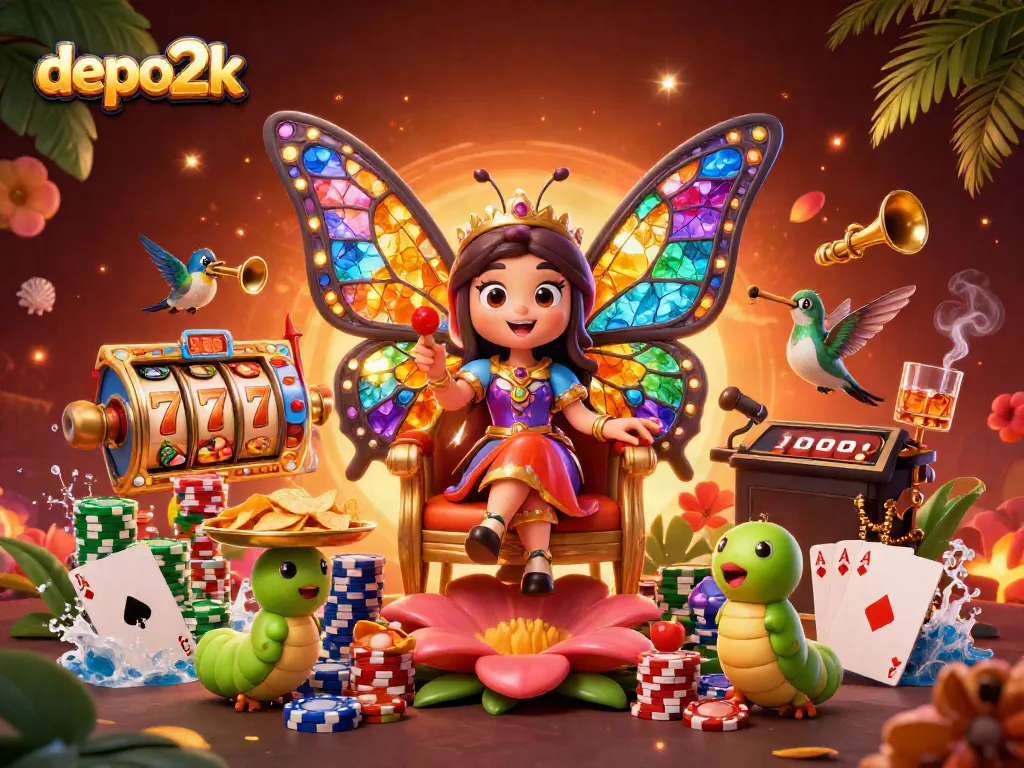 Experience the enchanting world of depo2k with the butterfly queen amidst vibrant slot reels and colorful poker chips.