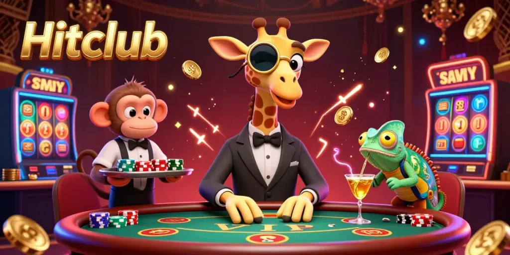 Engage with Hitclub's vibrant casino scene featuring a giraffe in a suit, lively characters, and dynamic gaming elements.