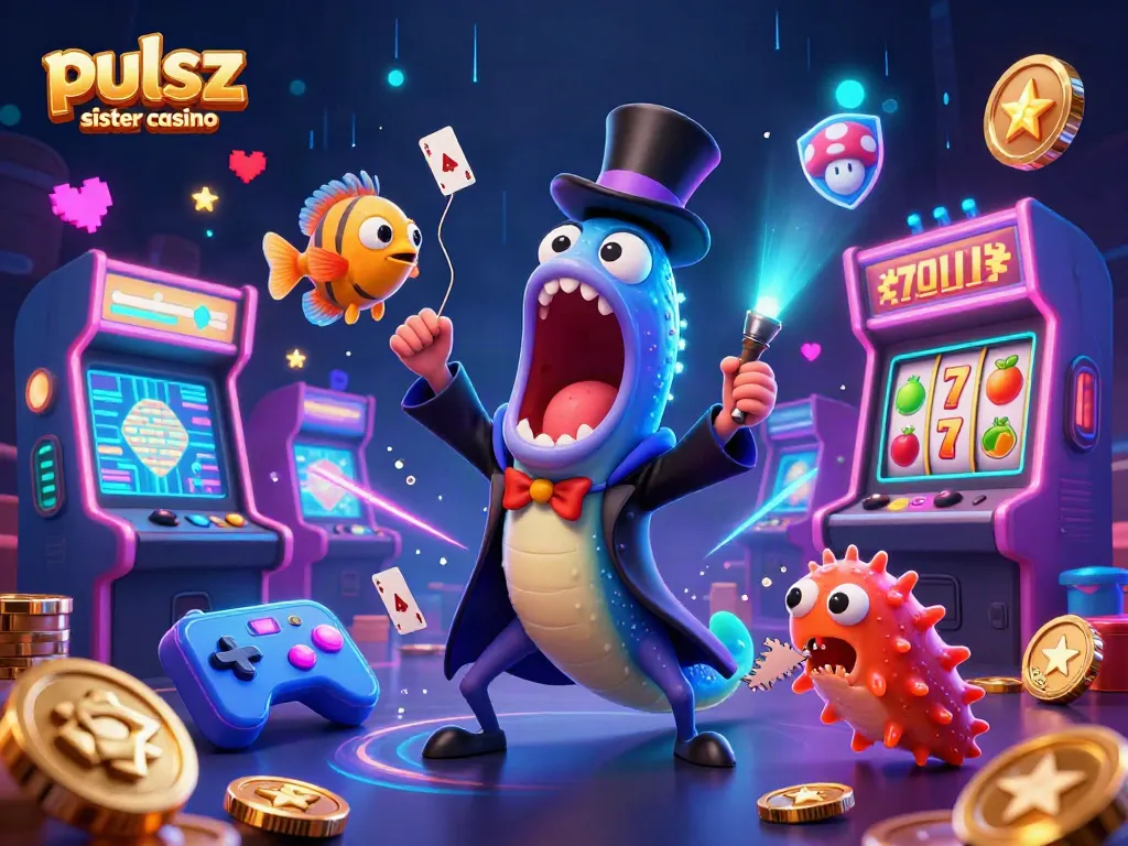 Pulsz sister casino features a 3D cartoon eel magician and anglerfish spotlighting slot reels and glowing arcade games.