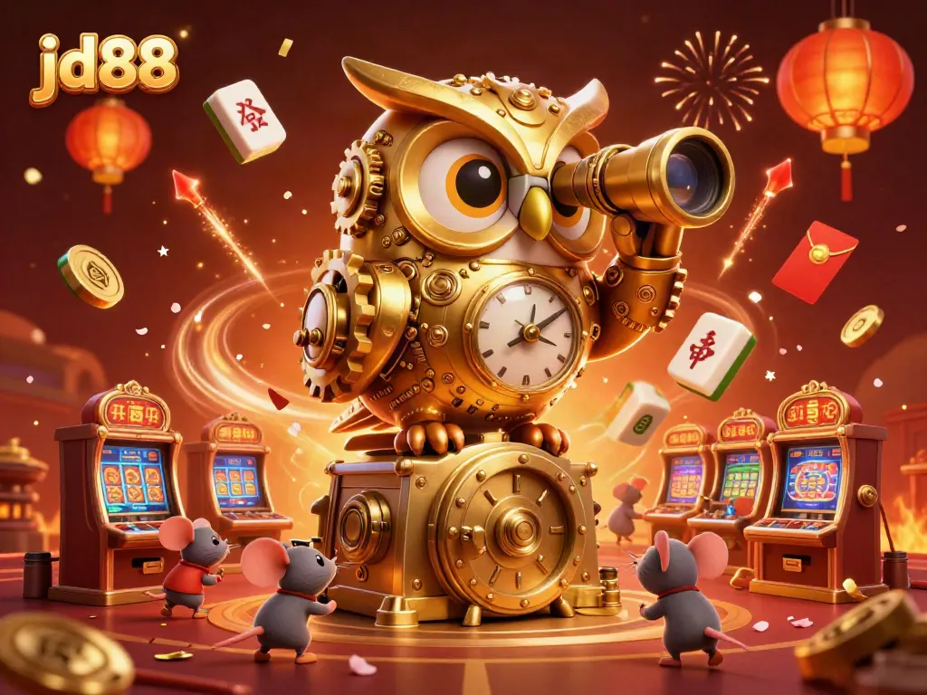 Enter the thrilling world of JD88 with a golden owl and charming mice in a vibrant casino scene.
