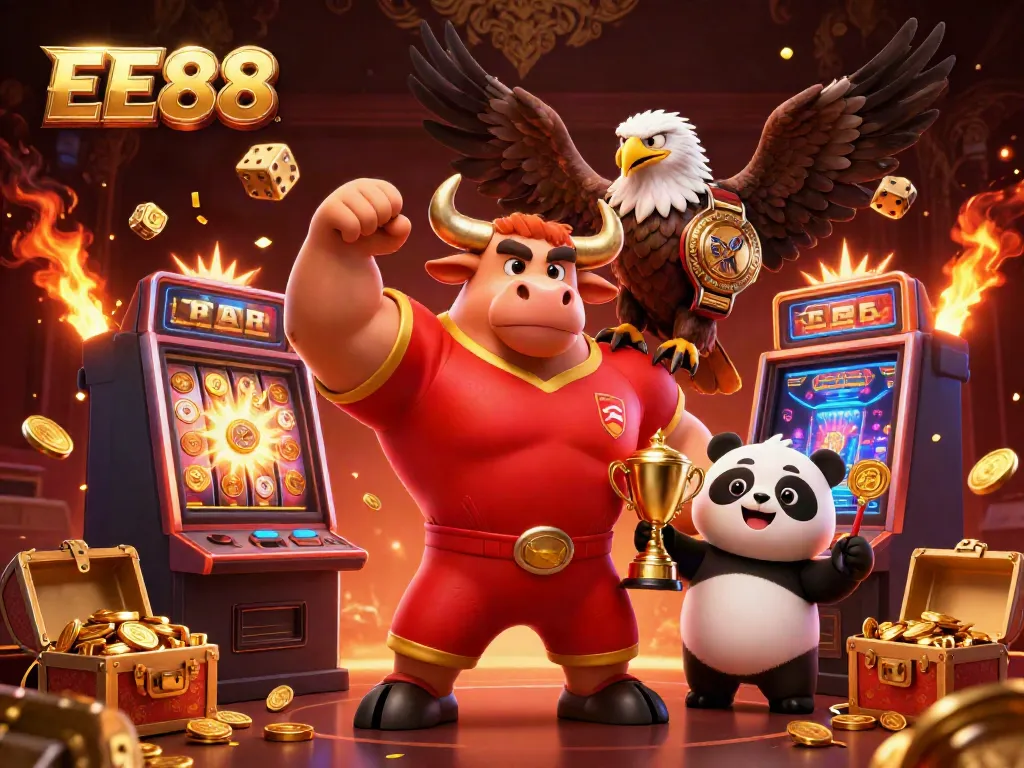 Engage in thrilling jackpots at EE88 with a lively casino scene featuring a bull mascot, eagle, and panda.