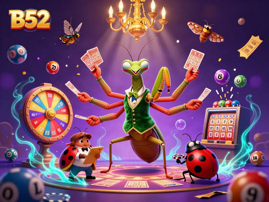 Engage in exciting lottery play at B52, with colorful balls and vibrant casino elements.