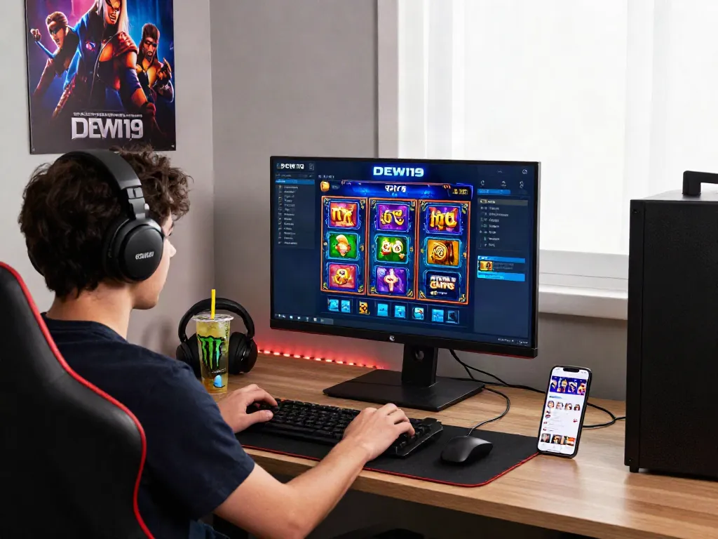 DEWI19 antarmuka dan suasana bermain slot online yang menarik dan dinamis dengan elemen gaming yang ceria.