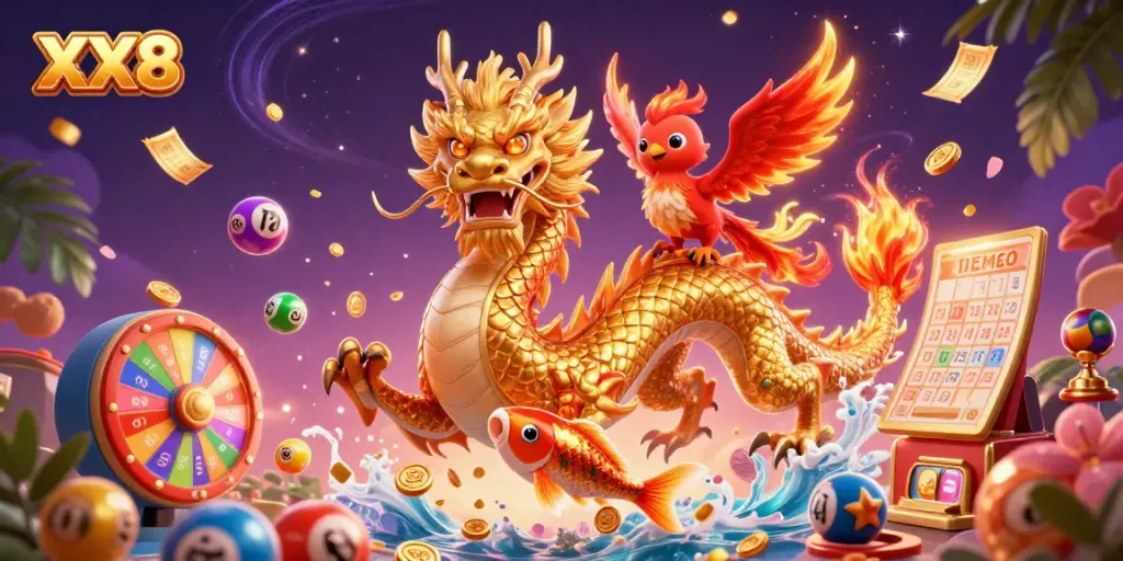 Experience the thrill of XX8 gaming with a dragon, phoenix, and koi fish amid lottery elements.