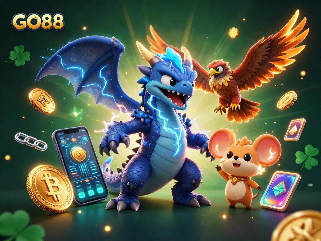 Experience GO88's thrilling gameplay with crypto features and vibrant characters in a dynamic casino scene.