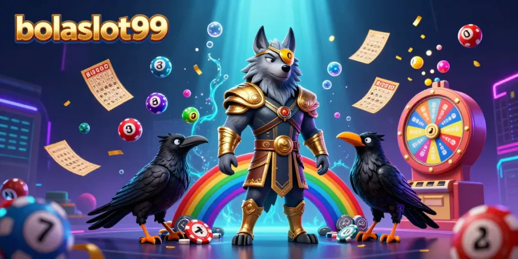 Engage with bolaslot99 through an exciting Norse-themed casino illustration showcasing colorful games and prizes.