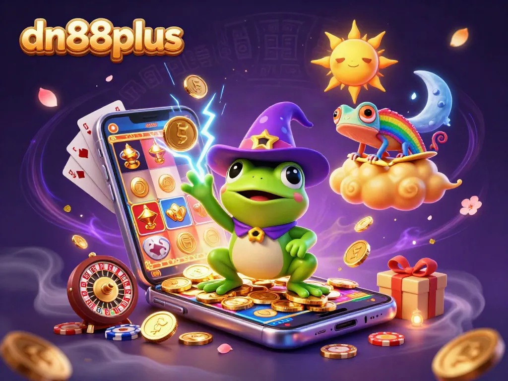 Experience the colorful world of dn88plus with a 3D wizard frog amidst golden coins and gaming excitement.