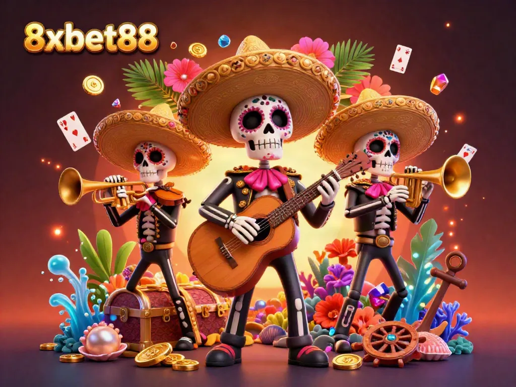 Join the excitement of 8xbet88 with a vibrant mariachi band in a casino-themed underwater scene.