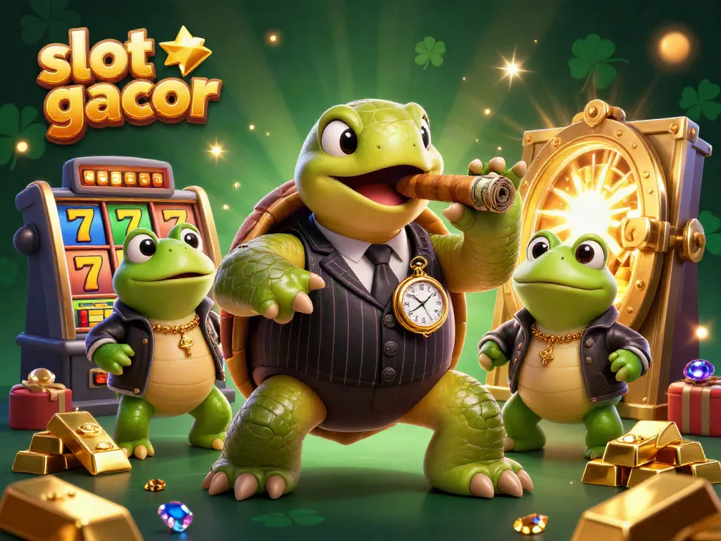 Join the thrilling action of slot gacor with a charismatic turtle and his bullfrog enforcers in a vibrant casino scene.