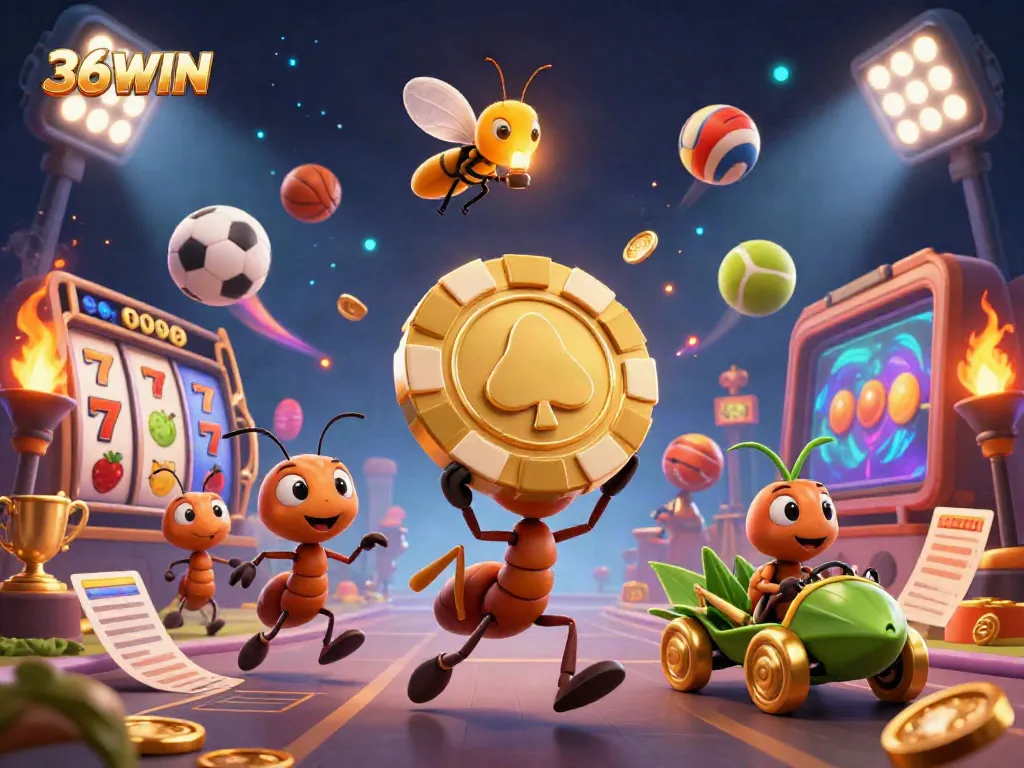 Experience thrilling gameplay with 36WIN's animated heist featuring playful ants and exciting casino elements.