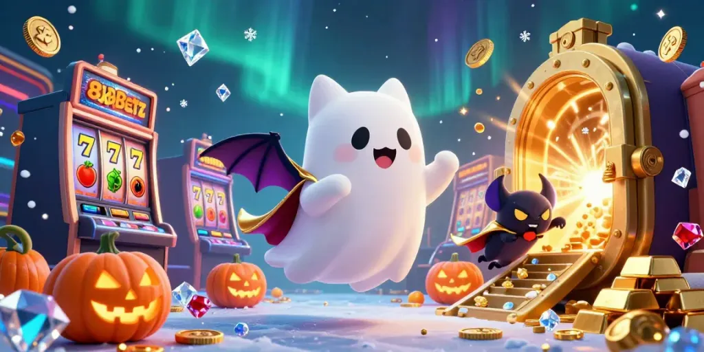 Experience the thrill of 8xbetz with a ghost cat and hilarious bat in a vibrant casino scene.