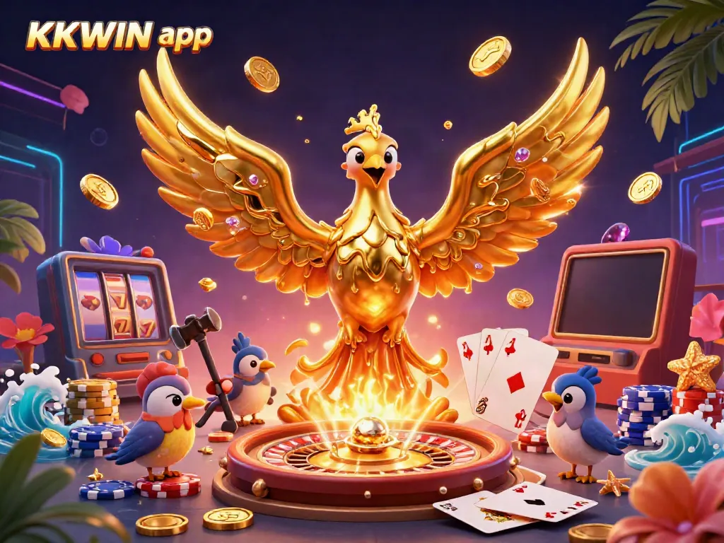 Engage with the KKWIN app, illustrated as a dynamic scene of gaming excitement with golden phoenix and casino elements.