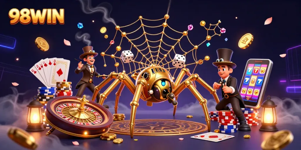 Experience exhilarating gameplay at 98WIN with a vibrant, dynamic casino scene filled with gold coins, poker elements, and steampunk characters.