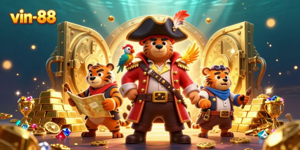 Engage in the world of vin-88 with vibrant pirate-themed casino art showcasing gold and treasures.