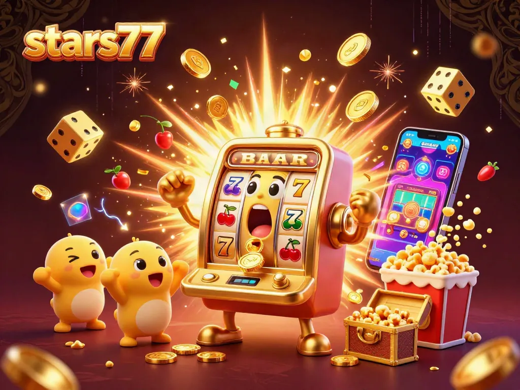 Slot machine stars77 menang jackpot dengan koin berlimpah dan simbol permainan yang bersinar.