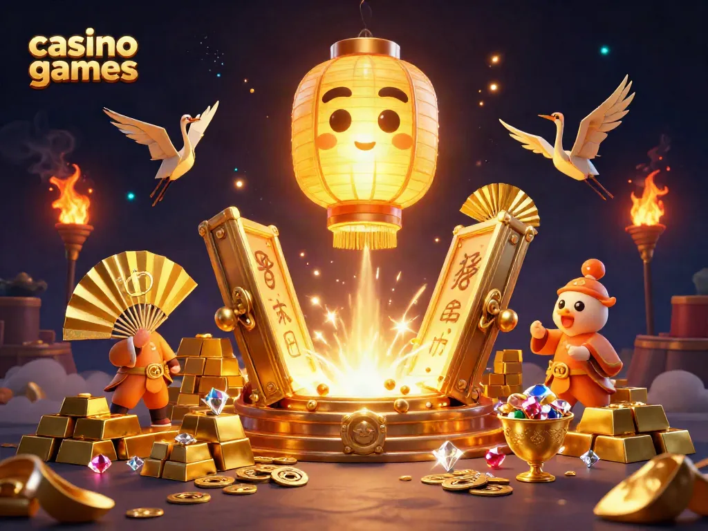 Experience interactive casino games with vibrant 3D illustration showcasing golden elements, lantern spirit, and excitement.