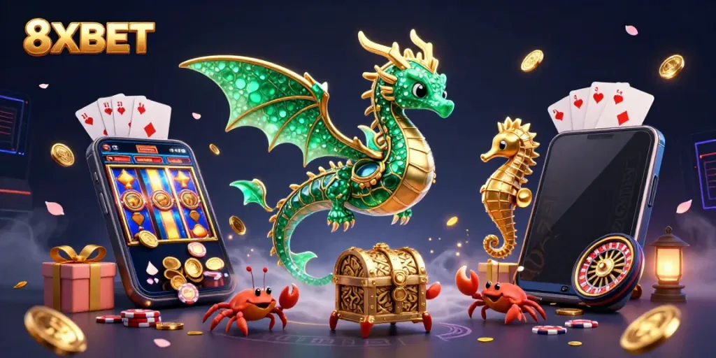 Experience exciting gaming at 8XBET with a vibrant sea dragon and treasure chest in a dynamic casino scene.