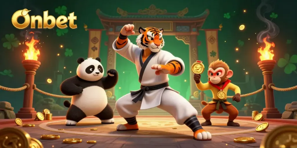 Engage in thrilling gaming at Onbet with a kung fu tiger master and friends amidst a vibrant casino backdrop.