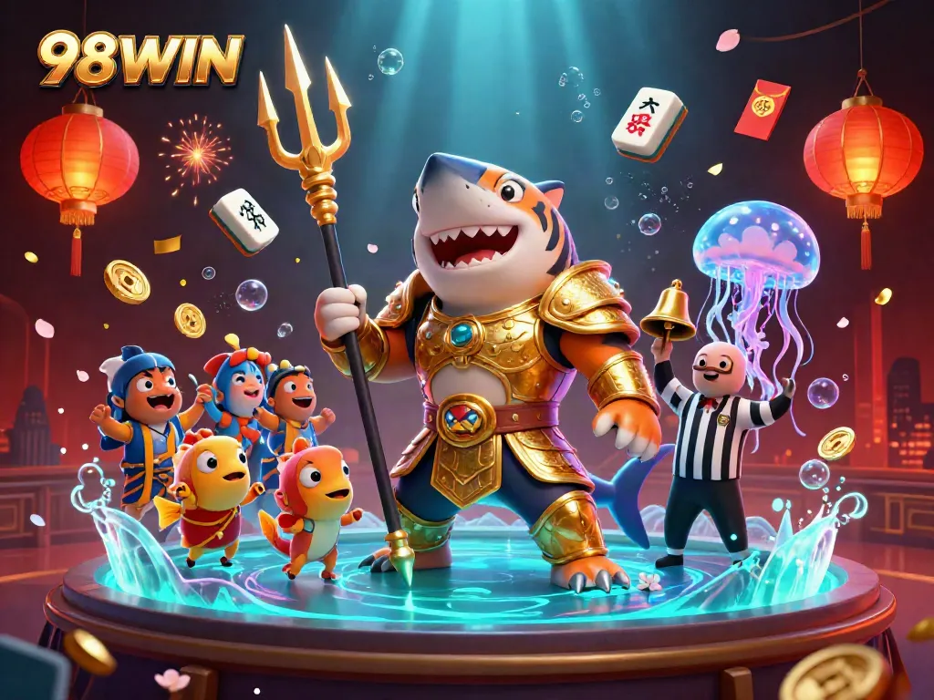 Engage with vibrant 98WIN casino action featuring a golden shark gladiator and dynamic game elements.