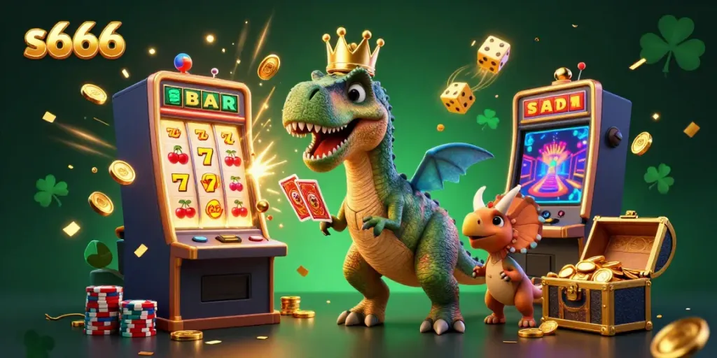 Experience s666 casino excitement with a T-Rex and friends playing card games and winning jackpots.