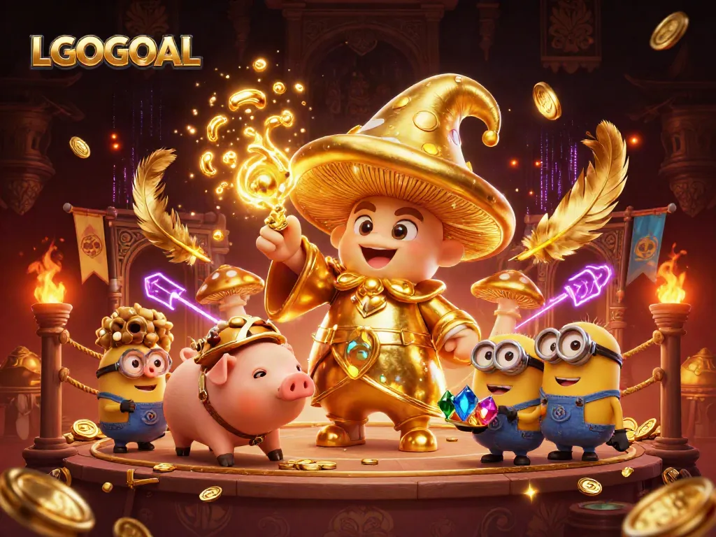 Engage with LGOGOAL's vibrant casino scene featuring a golden wizard and treasure adventures.