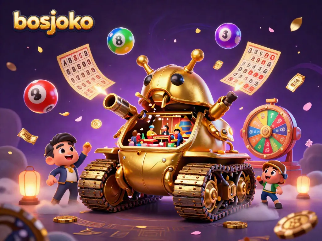 Engage with bosjoko's magical casino scene featuring a golden beetle tank, confetti, and vibrant lottery elements.