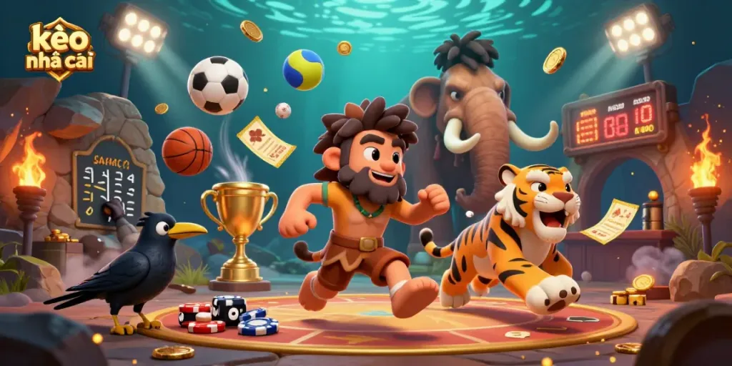 Experience thrilling kèo nhà cái action as a caveman and sabertooth duo run a prehistoric casino amid vibrant sports elements.