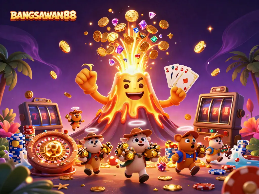 BANGSAWAN88 showcases a vibrant 3D casino scene with a golden volcano erupting coins and gems amid thrilling gameplay.