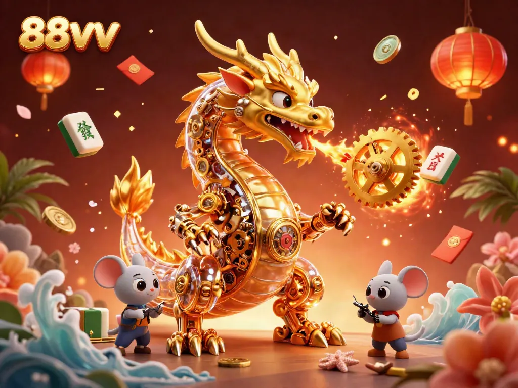 Experience thrilling jackpots with 88vv showcasing a golden dragon amid festive casino elements.