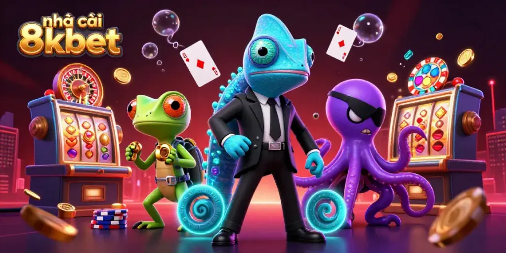 Engage with the exciting atmosphere of nhà cái 8kbet, featuring vibrant casino elements and dynamic characters.
