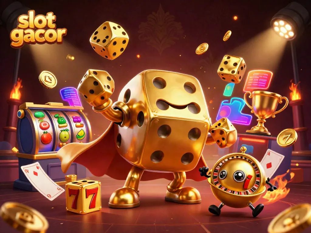 Experience the thrill of slot gacor with a vibrant golden dice golem and dynamic jackpot elements.