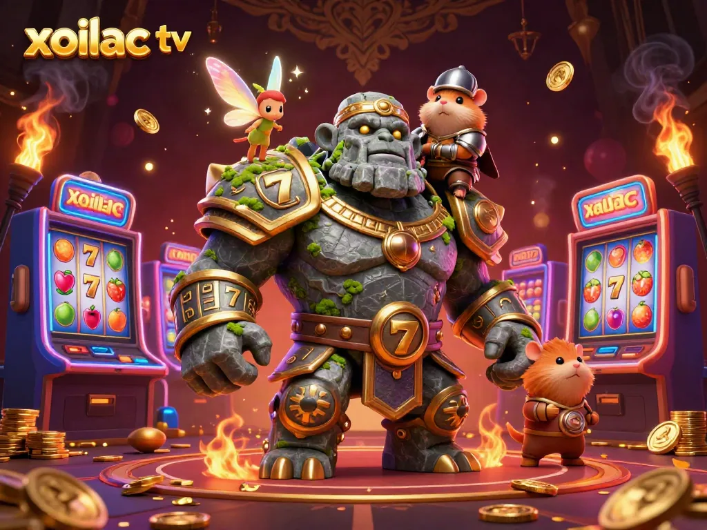 Join the excitement of gambling with xoilac tv's animated golem and knight in a vibrant casino scene.