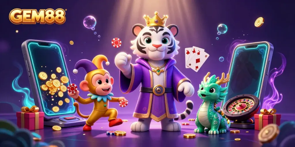 Experience the excitement of GEM88 with a white tiger, monkey juggling chips, and a jade dragon, set in a vibrant casino.