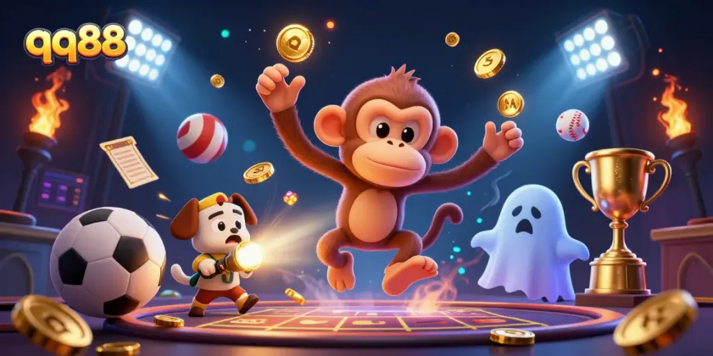 Engage with qq88 in an energetic haunted casino scene with a mischievous monkey and a curious puppy.