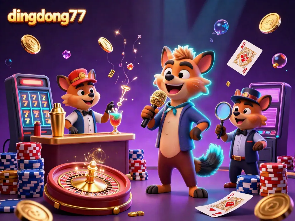 Experience comedy and joy at dingdong77's vibrant 3D casino featuring hyenas, golden coins, and lively gaming elements.