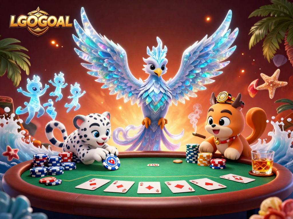 LGOGOAL enhances poker strategy with a vibrant scene featuring a dancing ice phoenix and game elements.