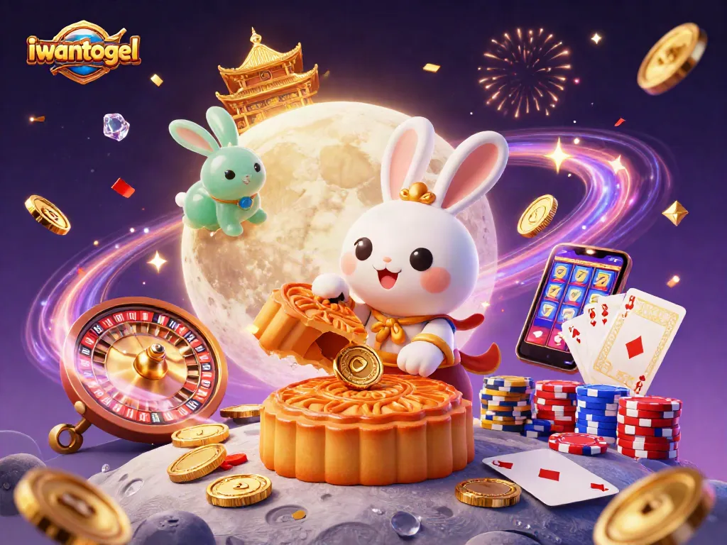 iwantogel showcases a whimsical scene with a folklore rabbit, poker chips, and casino elements.