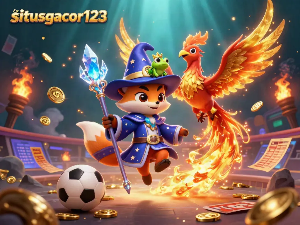 Engage with situsgacor123's sports betting magic featuring a wizard fox and fiery phoenix in dynamic action.