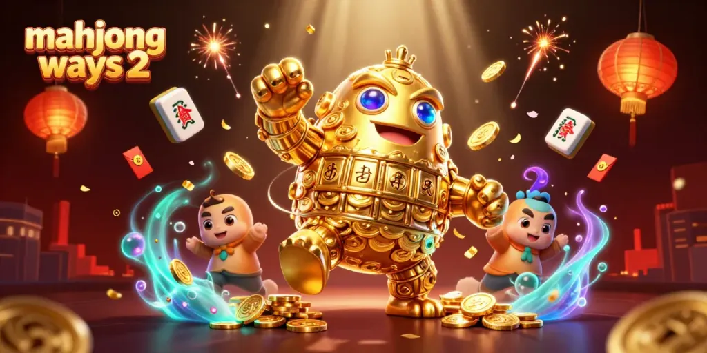 Experience mahjong ways 2 in a vibrant, energetic 3D casino scene filled with gold coins and lucky elements.