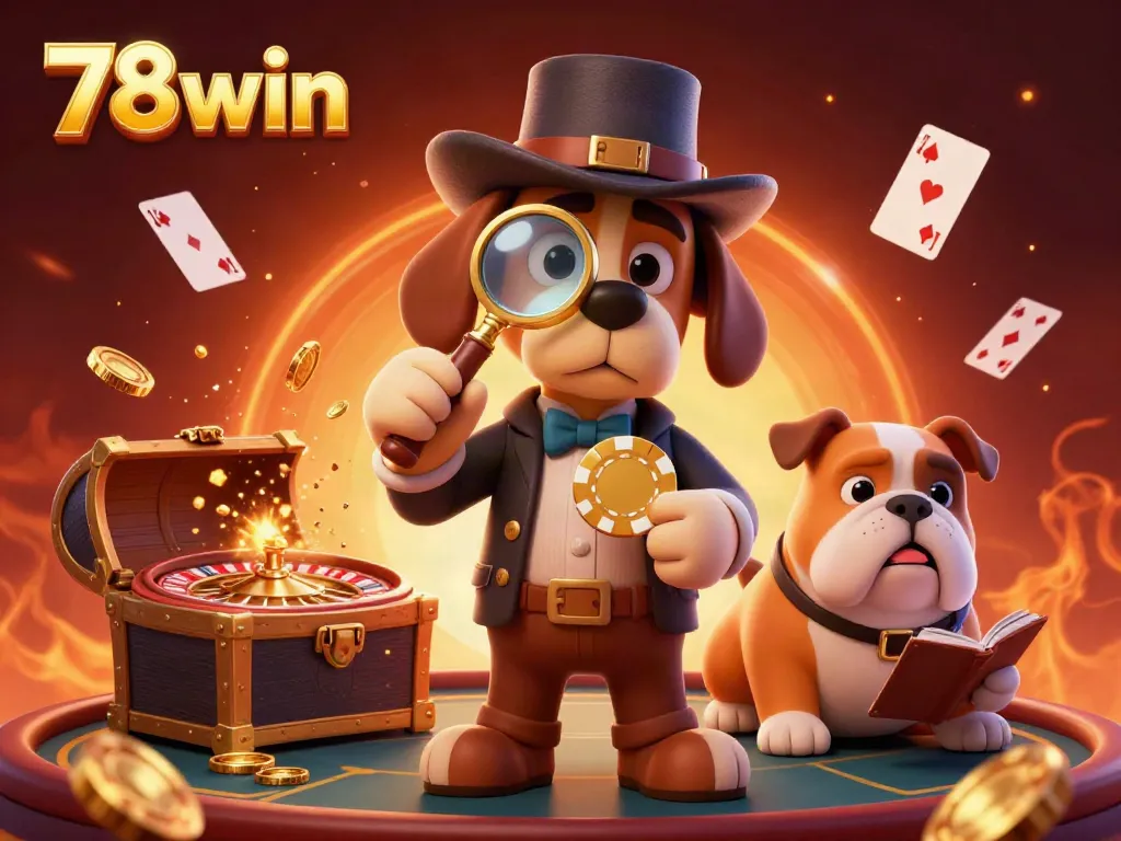 Engage in thrilling casino action with 78win's detective characters exploring poker riches and vibrant game elements.