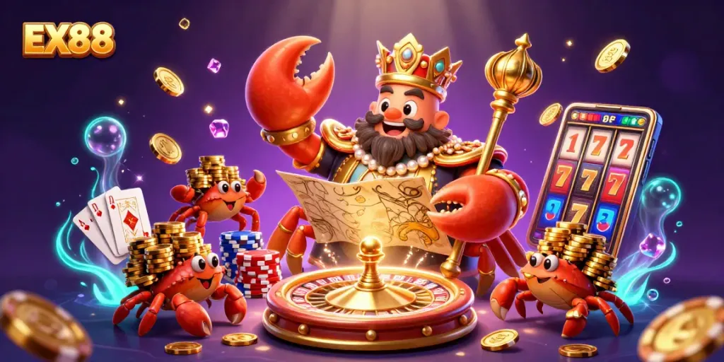 Engage with EX88’s vibrant casino scene featuring a golden crab emperor, chips, and sparkling treasures.