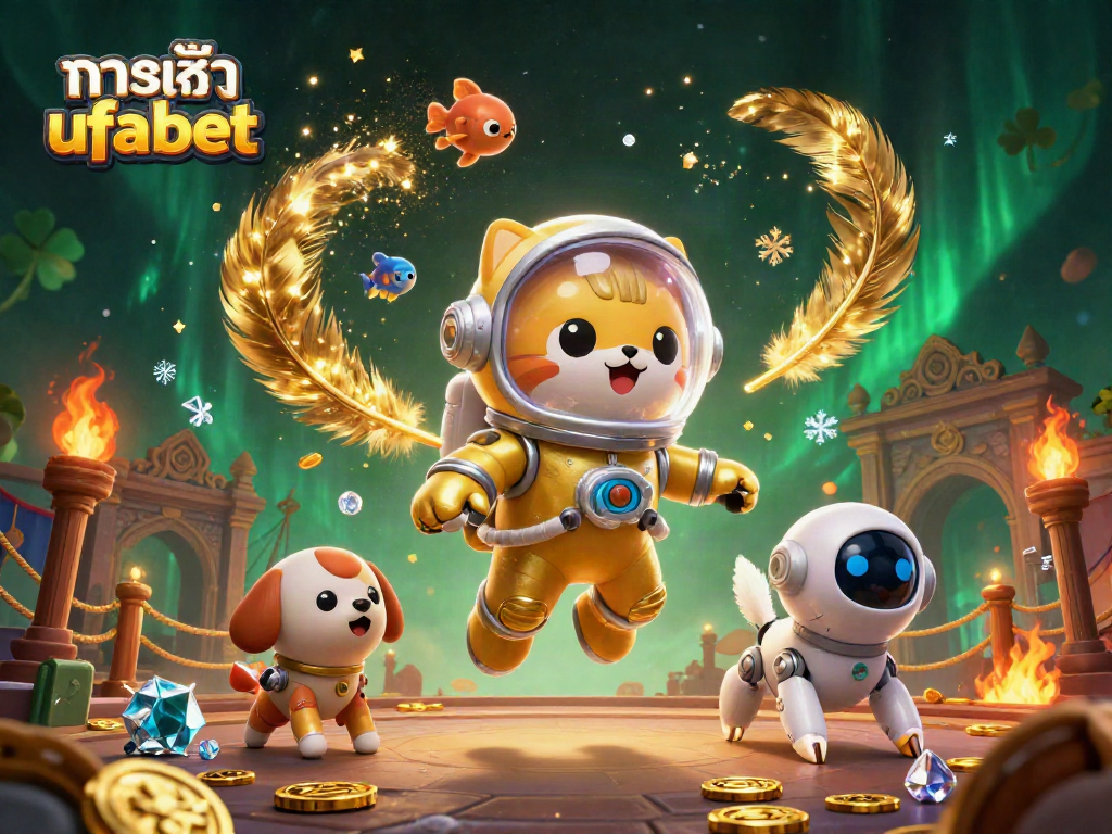 Experience exciting ทางเข้า ufabet gaming adventures with a cartoon cat and robot dog in a dynamic casino scene.