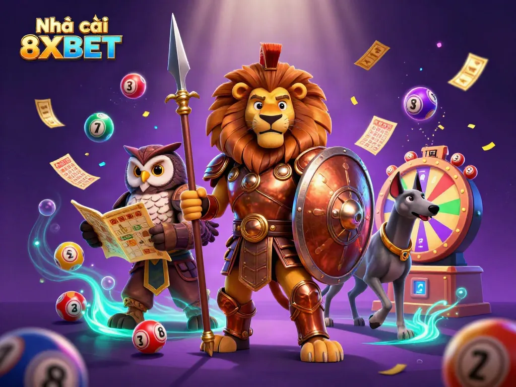 Experience excitement with Nhà cái 8XBET in this vibrant 3D digital casino illustration.