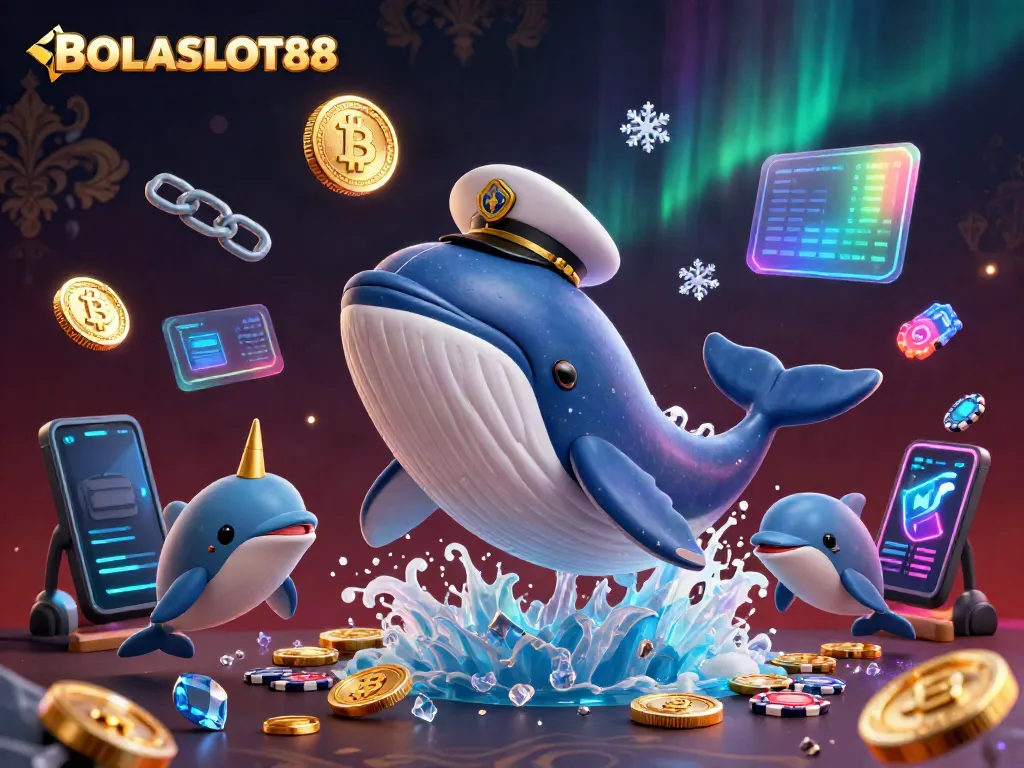 BOLASLOT88 showcases a vibrant underwater scene with a cartoon whale, a narwhal, and dolphins celebrating with coins and poker chips.